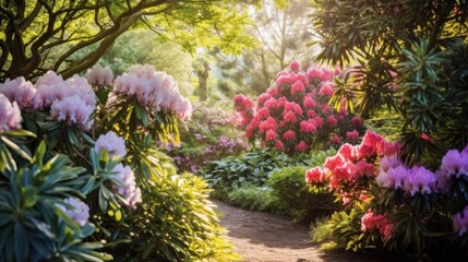 Rhododendron flower in summer garden. Illustration AI Generative. - obrazy, fototapety, plakaty