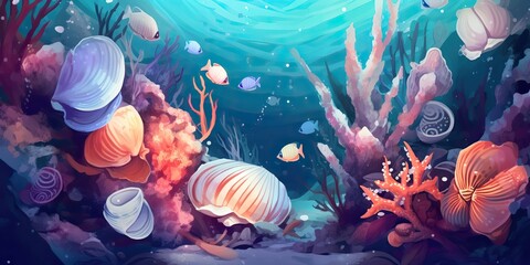 Fototapeta na wymiar AI Generated. AI Generative. Pasted drawing illustration of underwater under sea marine landscape. Graphic Art