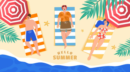 Beach lifestyle holiday poster or banner. People friends and couples relaxing on a beach. Top aerial view.
