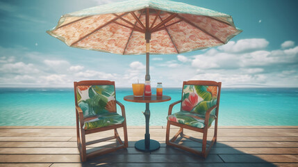 Table, Summer, Umbrella, Chairs, Caribbean, Ocean, Beach, Sand, Relaxation, Vacation, Tropical, Paradise, Coastal, Seaside, Blue, Turquoise, Waves, Palm trees, Sun, Sunlight, Serene, Tranquil, Hammock