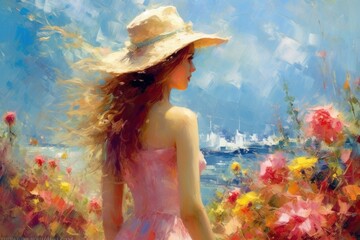 Fototapeta na wymiar Impressionist painting, girl on summer background. Illustration AI Generative.