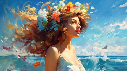 Impressionist painting, girl on summer background. Illustration AI Generative.