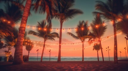 Summer night beach party background. Illustration AI Generative.