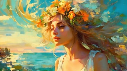 Obraz na płótnie Canvas Impressionist painting, girl on summer background. Illustration AI Generative.