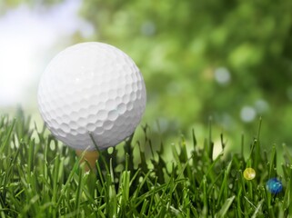 White golf ball on wooden tee with grass