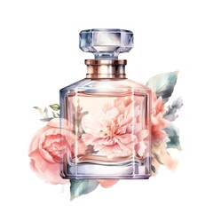 Watercolor perfume bottle with flowers. Illustration AI Generative. - obrazy, fototapety, plakaty