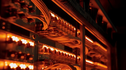 Obraz premium Cables, Server, Server room, Data center, Network, Connectivity, Technology, IT infrastructure, Communication, Data transfer, Wiring, Ethernet, Racks, Patch panel, Organization, Maintenance, Equipment