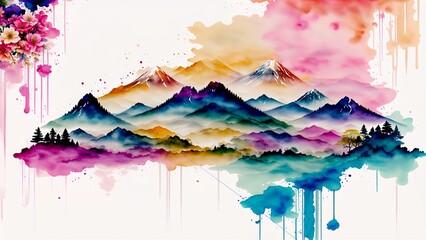 Mountain designed with ink, with trees 