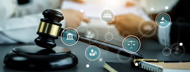 Smart law, legal advice icons and lawyer working tools in the lawyers office showing concept of...