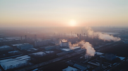 Obraz premium Aerial view of an industrial metallurgical plant at dawn. Chimneys releasing smoke. Modern industry and pollution emissions, environmental conservation topics. AI generative image