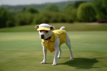 beautiful white dog on golf course wearing yellow uniform, Generative AI