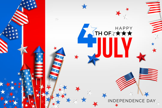 4th of july usa independence day celebration banner design with american flag and rocket fireworks
