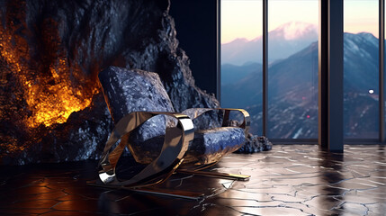 A modern designer armchair, a throne with a metal base in a beautiful expensive interior and windows overlooking the volcano. Generative AI.