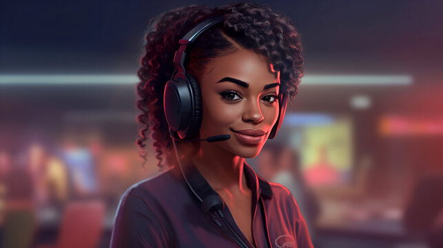 A young dark-skinned woman, a call center worker with headphones, serves customers. AI generation