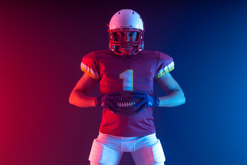 American football player banner with neon colors. Template for bookmaker ads with copy space. Mockup for betting advertisement. Sports betting, football betting, gambling, bookmaker, big win