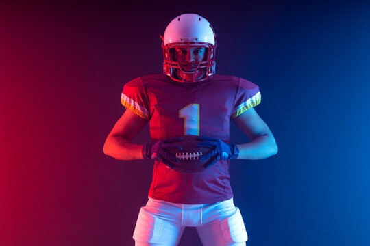 American football player banner with neon colors. Template for bookmaker ads with copy space. Mockup for betting advertisement. Sports betting, football betting, gambling, bookmaker, big win © Mike Orlov