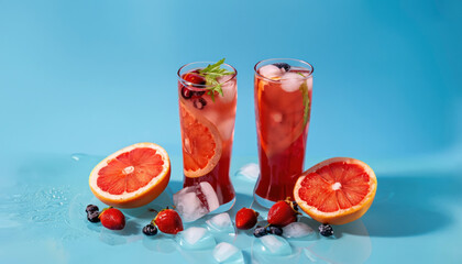 Summer tropical fruit with red grapefruit berries and ice on blue background.