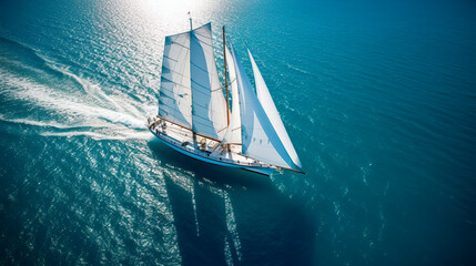 Regatta of sailing ships with white sails on the high seas. Aerial view of a sailboat in a windy state. - obrazy, fototapety, plakaty