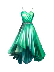 Watercolor illustration of an emerald evening dress isolated on white background. Generative AI.
