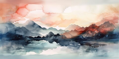 AI Generated. AI Generative. Vintage water color pattete drawing landscape mountain sky outdoor. Graphic Art