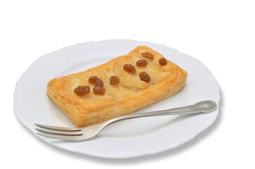 Piece of Apple tart with Raisins on white Plate, close up, isolated on white background