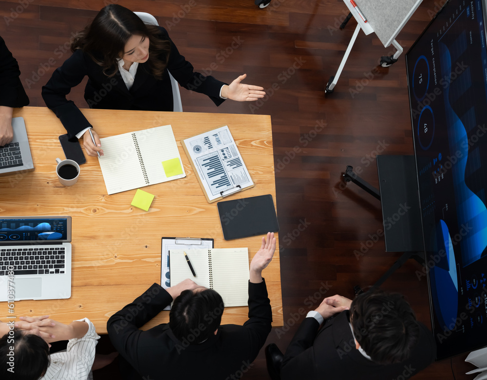 Poster top view manager or office worker give presentation in harmony conference room to business colleague