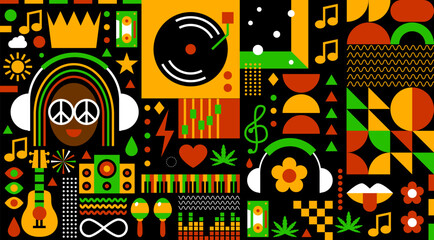 Rastafarian background. Reggae music design for reggae party, festival, radio station or rastafarian bar. Jamaican style music festival. Simple flat design for reggae event - obrazy, fototapety, plakaty