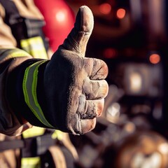Fototapeta na wymiar firefighter's gloved hand giving a thumbs-up gesture