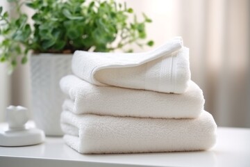 White clean towels on table in bathroom, generative ai - obrazy, fototapety, plakaty
