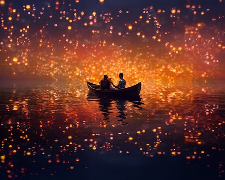 Romantic couple in boat night, generative ai