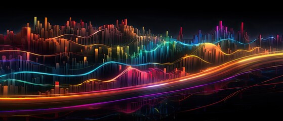 Colorful neon light trails on a dark background