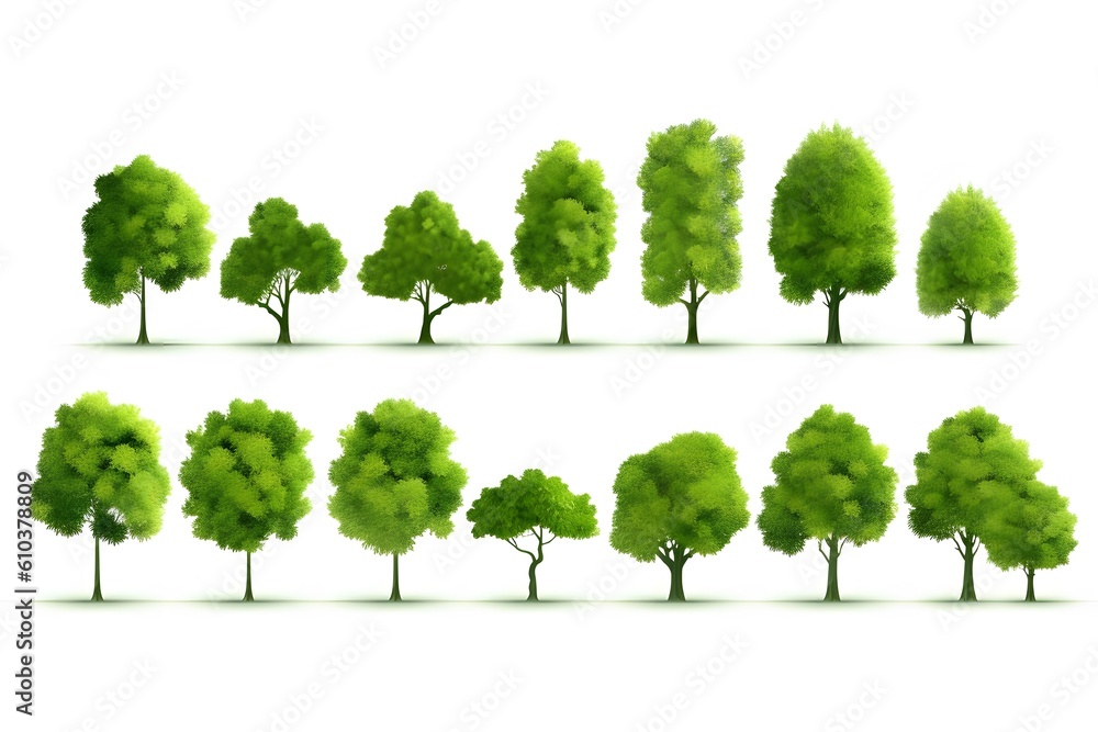 Poster collection of isolated trees on white background. generative ai