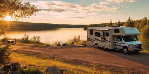 RV travel adventure in a beautiful natural landscape, generative ai