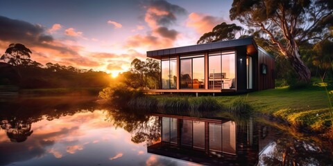 Fototapeta premium Tiny house with amazing design on a beautiful landscape, generative ai
