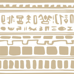 Boho beige white vector seamless monochrome pattern border with egyptian symbols like hieroglyphs