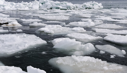 The Black Sea near Odessa is frozen. Ice floes float on the shore