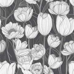 The Line Art Tulip Field Seamless Pattern Made with Generative AI