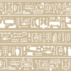 Monochrome modern hand drawn boho beige white vector seamless pattern border with egyptian symbols like hieroglyphs. Can be used for trendy textile, notebook covers, wallpapers, prints