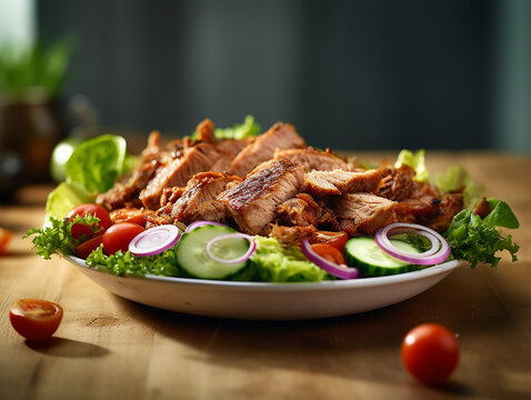illustrazione di straccetti di pollo o pulled pork, manzo cotto a bassa temperatura, insalata, creato con ai