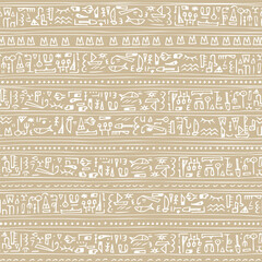 Beige white line hand drawn Boho vector seamless pattern border with egyptian symbols like hieroglyphs. It can be used for fabric, book cover, prints