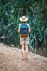 Young woman in beige shirt, shorts and straw haw, backpack on shoulders, hiking rainforest jungle, small creek near, view from behind