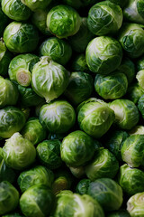 Fototapeta na wymiar Fresh organic Brussel sprouts on a market stall ready for sale to better healthy balance diet meals Generated Ai