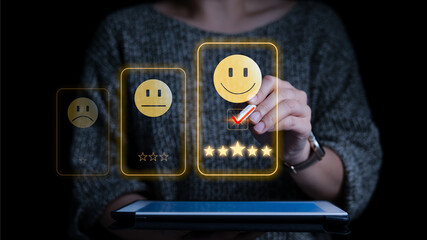 Customer review satisfaction feedback survey concept. User give rating to service excellent...