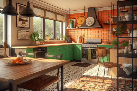 Cozy kitchen with table and chairs. Orange, green and black colors. African eco interior design. Super photo realistic background, generative ai illustrarion
