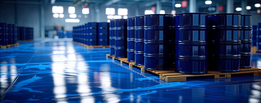 Blue Barrel Drum On The Pallets Contain Liquid Chemical In Warehouse Prepare For Delivery To Customer By Made To Order. Manufacture Of Chemicals Production. Oil And Chemical Industrial Works Concept. 