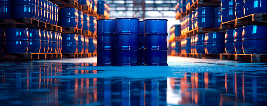 Blue Barrel Drum On The Pallets Contain Liquid Chemical In Warehouse Prepare For Delivery To Customer By Made To Order. Manufacture Of Chemicals Production. Oil And Chemical Industrial Works Concept. 