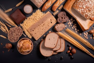 Fototapeta na wymiar Variety of bread and wheat on black background. Top view. Generative AI