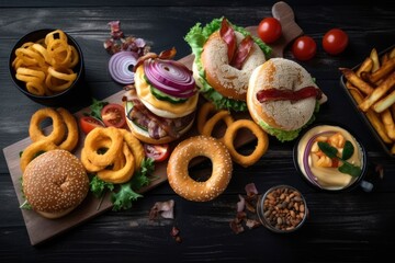 Hamburger with french fries, onion rings and pickles on black wooden background. Generative AI