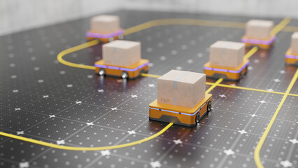 AGV robots delivering cardboard boxes to a logistics distribution center. Robots move along the yellow line. Automated AGV robots for retail warehouse. . 3d render.