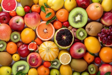 Naklejka na ściany i meble Background of many different fruits. Top view. Flat lay. Healthy food concept. Generative AI